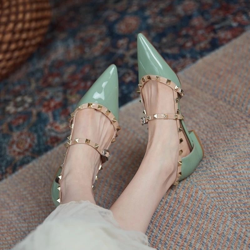 Hnewly Ankle Strap Cut Out D'orsy Studded Rockstud Patent Leather Rivet Flats T-Strap Buckle Walking Soft Women Shoes Travel Size 35-43