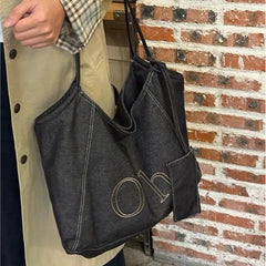 Hnewly  Korean Retro Black Tote Bag Women Large Capacity Denim Shoulder Bag Ladies Letter Harajuku Simple Everyday Underarm Bag New