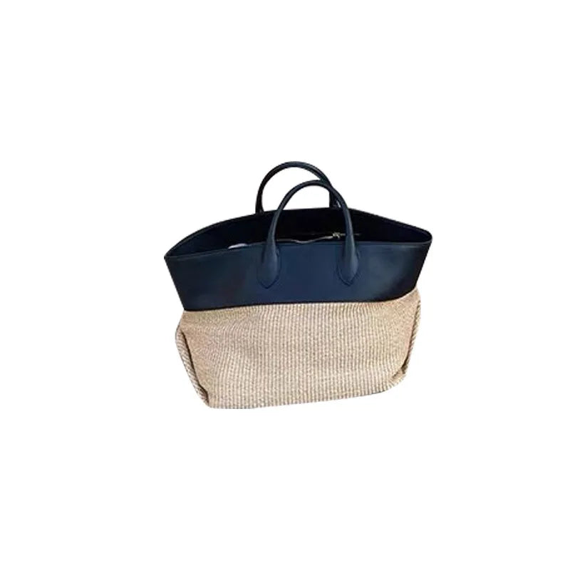 Hnewly  Summer Straw Shoulder Women Large Capacity Rattan Handle Splicing Color Beach Bag Genuine Leather Tote Bags For Women