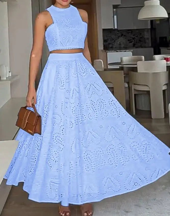 Hnewly  Sleeveless Lace Hollow Out Eyelet Crop Top and High Waist A Line Maxi Skirt Two - Piece Set for Women