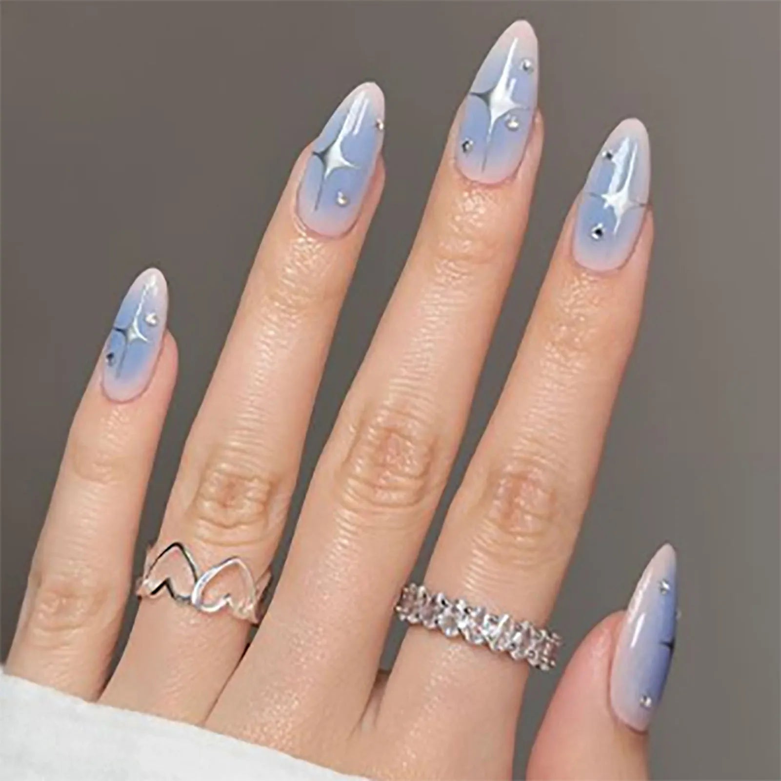 Hnewly 24pcs Gradient False Nails Cute Star Printed Design Fake Nail Short Square Faux Ongles Manicure Nail Stickers Press On Nail Tips