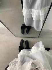 Hnewly  Korean Style Lace Tank Tops Women Y2k Fairycore White Ruffle Sleeveless Dress See-through Aesthetic Kpop Mesh Dress