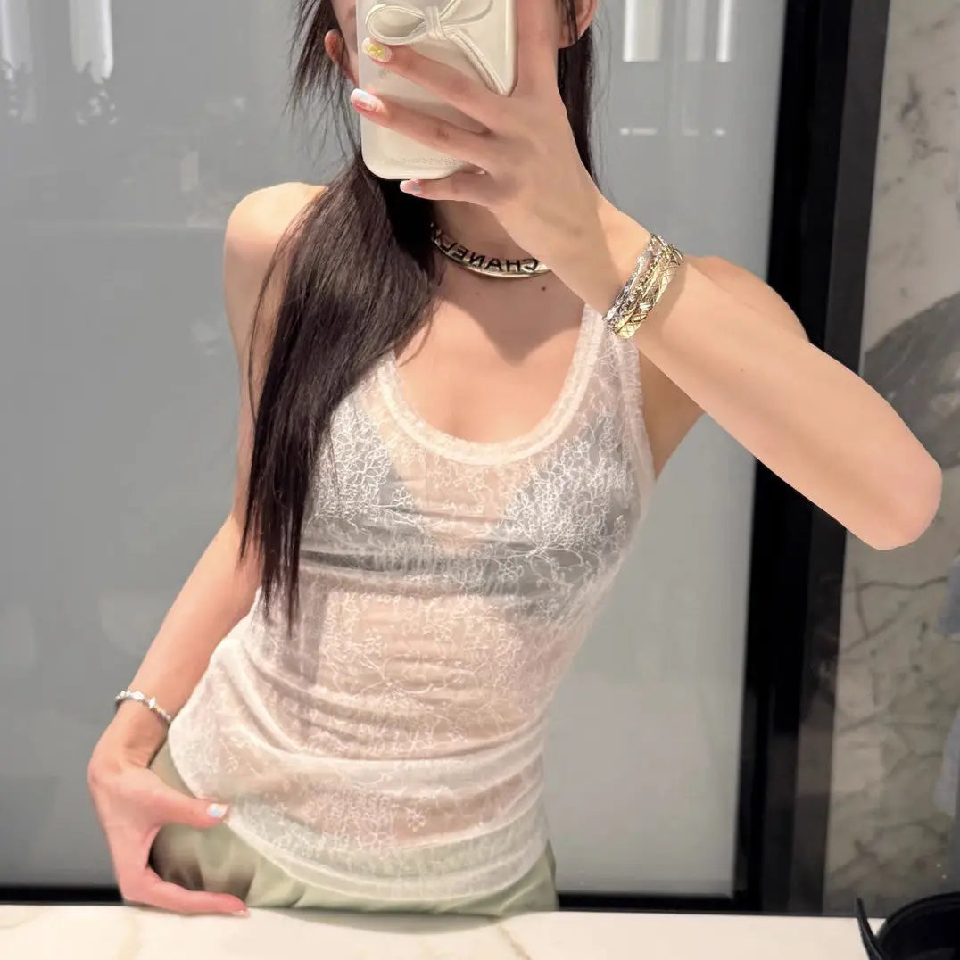 Hnewly Pure Desire Micro Transparent Lace Strap Vest Women's Spring New Thin Style Sexy Look Thin Spicy Girl Top