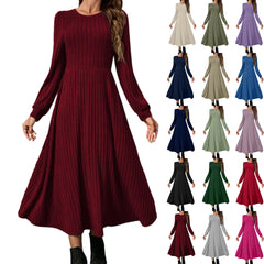 Hnewly  Fashion Round Neck Long Sleeve Solid Colour Casual Maxi Dress for Female Simple Daily Versatile High Waist Comfy Dress