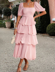 Hnewly  Summer Women's Square Neck Tiered Ruffle Midi Dress Short Puff Sleeve Design Elegant Casual Outfit Cake Skirt