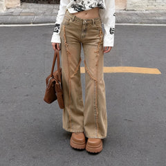 Hnewly  Vintage Frayed-edge Loose Jeans Women Casual Stragiht Denim Pants Y2K High Street Leg Trousers Harajuku Clothes Aesthet