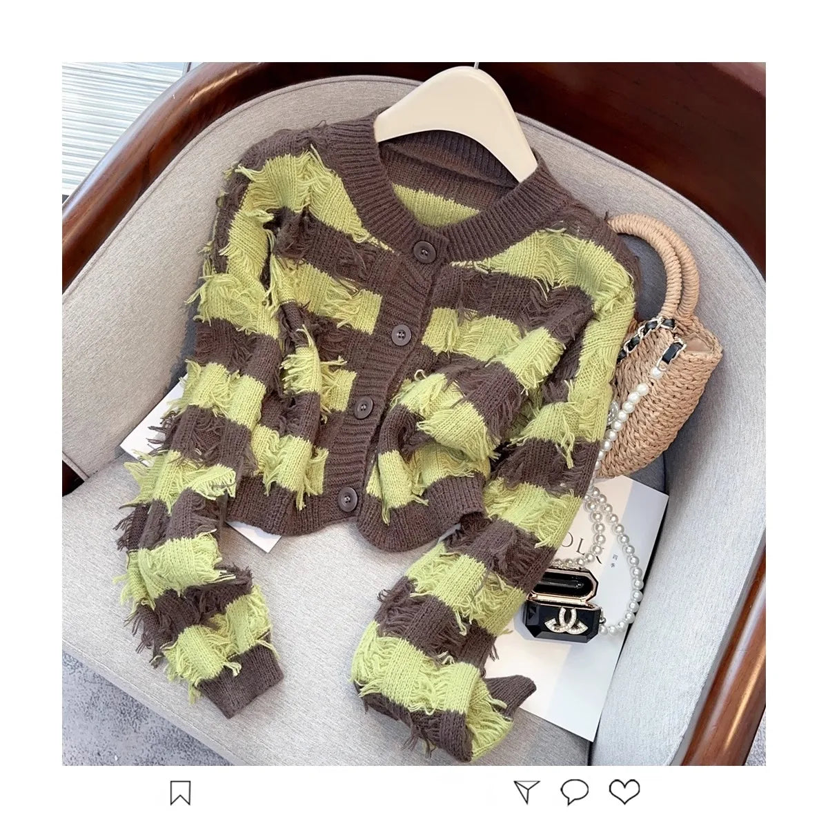 Hnewly Striped Fashion Tassel Sweater Women's Autumn Single Breasted  O-Neck New Short Knitted Cardigan Long Sleeve Top