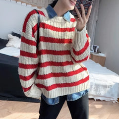 Hnewly  Striped Crew Neck Sweater Women Pullovers Long Sleeve Crewneck Knitted Jumper Ladies Fall Winter Casual Outfit