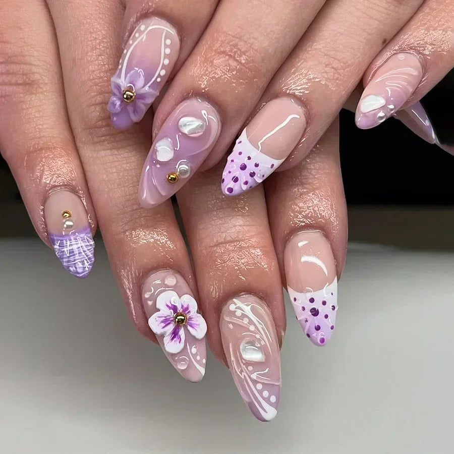 Hnewly 24Pcs Pink Almond False Nails Butterfly Ballet with French Design Wearable Fake Nails Simple Artificial Press on Nails Tips Art