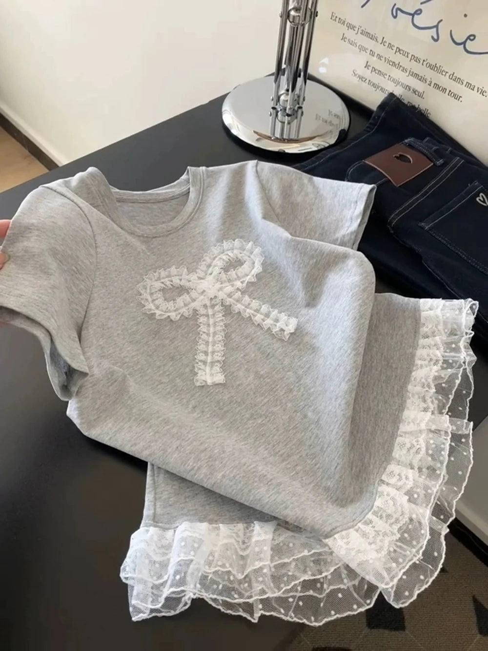 Hnewly  Lace patchwork Short Sleeved T-shirt Ballet Style Sweet Bow Top Women's Korean Round Neck Loose Versatile Tee Casual Pullover