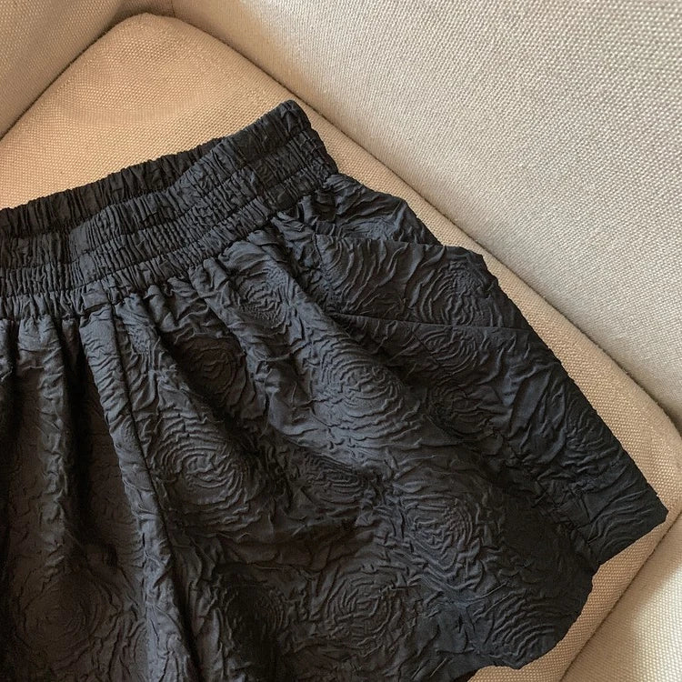 Hnewly  Black White Jacquard Shorts Women 2025 Summer Elastic High Waist Pockets Wide Leg Shorts Woman Loose Streetwear Half Pants