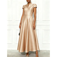 Hnewly  Elegant Pure Color Knitted Satin Short Sleeve Waist Cinched Maxi Dress Stylish Commute Dress for Banquet V-Neckline Bodycon