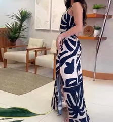 Hnewly   Summer New Fashion for Women Mid Waist Elegant Style Fashionable Printed Sleeveless Slit Tie Up Waist Style Dress