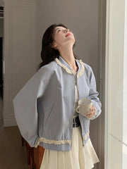 Hnewly  Lace Patchwork Sweet Jacket Women Loose Vintage Preppy Style Cute Coat Female Long Sleeve Korean Retro O Neck Tops Outwear