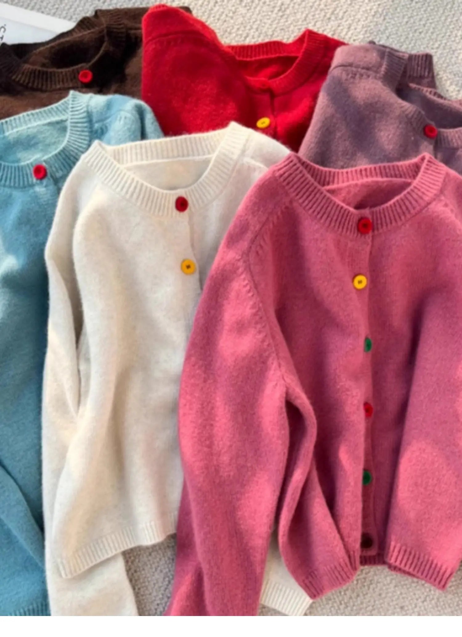Hnewly  Rainbow Single Breasted Sweater O-neck Knitted Cardigan Korean Sweet Spring  Autumn New Lazy Style Long Sleeve Pink coat