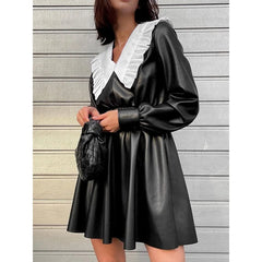 Hnewly  Tinaa Black Faux Leather Mini Dress Women Spring Fall Urban Streetwear Spliced Peter Pan Collar Long Sleeve Pu Dresses