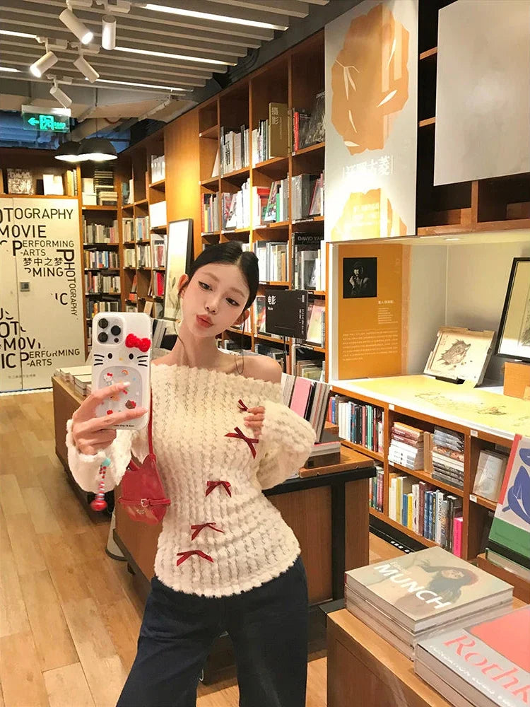 Hnewly Sweet Bow Knitted Pullover Women Off Shoulder Sexy Long Sleeve Sweaters Korean Style Kawaii Autumn Winter Pullovers