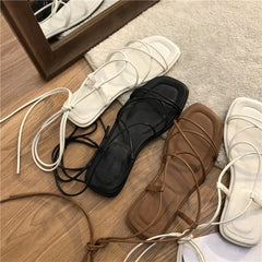 Hnewly Summer Slippers Women Sandals Narrow Vintage Square Toe Flat Cross Strap Thong Sandals V Shape Design Shoes Women Plus Size43