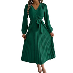 Hnewly  Women's Fashion Retro Elegant Solid Color Elegant V-neck Button Tie Long Sleeve High Waist Pleated A-line Dress