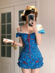 Hnewly  Floral Print Women's Dresses Short Sleeve Dress Holiday Beach Ropa Mujer Sweet Mini Vestidos Fashion Y2k Roupas Feminina