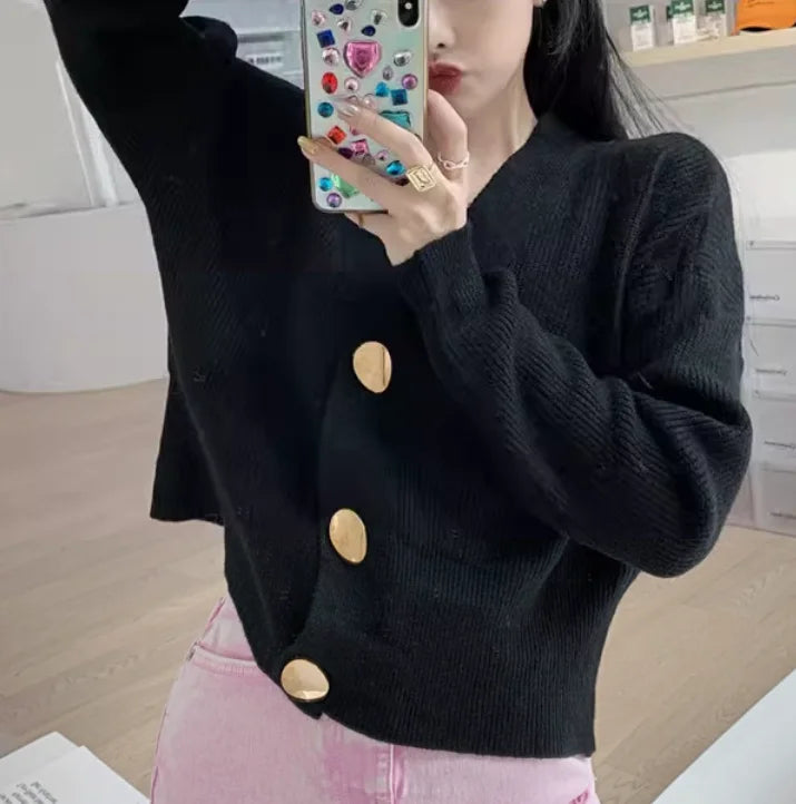 Hnewly  Metallic Gold Button Cardigan Women Rib Knit Long Sleeve V-neck Button-up Crop Jacket Korean Fashion Fall Winter Outfit
