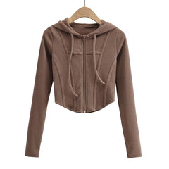 Hnewly  Fall fashion cropped hoodies women zip up hoodie korean fashion sweatshirts hooded cute long sleeve crop top sexy curve hem