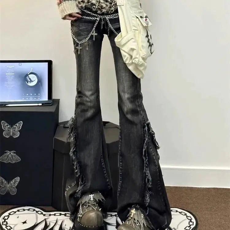 Hnewly  American High Street Bell Bottom Jeans Vintage Washed Low-waist Denim Pants 2025 Summer New Loose Straight Wide Leg Pants