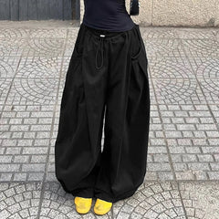 Hnewly  Black Vintage Loose drawstring Sweatpants Women Solid Wid Leg Oversize Pant Y2k Casual Hip Hop Cargo Trousers Summer