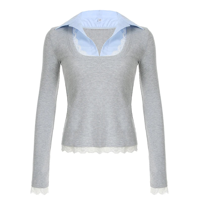 Hnewly  Stitching Slim-fitting Knit Crop Top Women Full Sleeve Turn-down Neck Skinny T-shirts y2k Casual Shirts Korean Style Tees