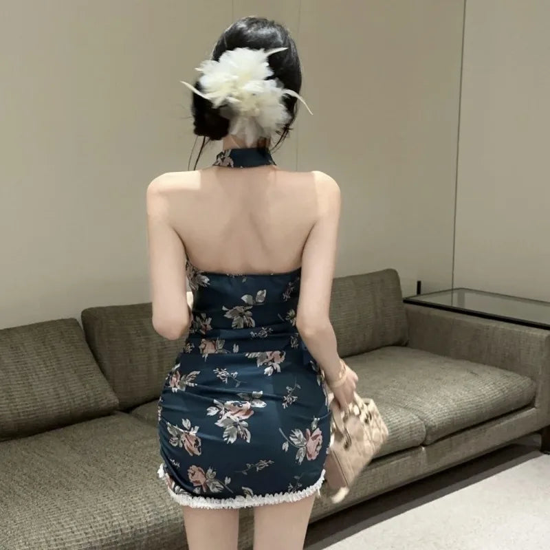 Hnewly  Woman Dress Sexy Fashion Tie Dye Floral Sleeveless Hollow Out Lace Patchwork Backless Party Mini Dresses Ladies Elegant