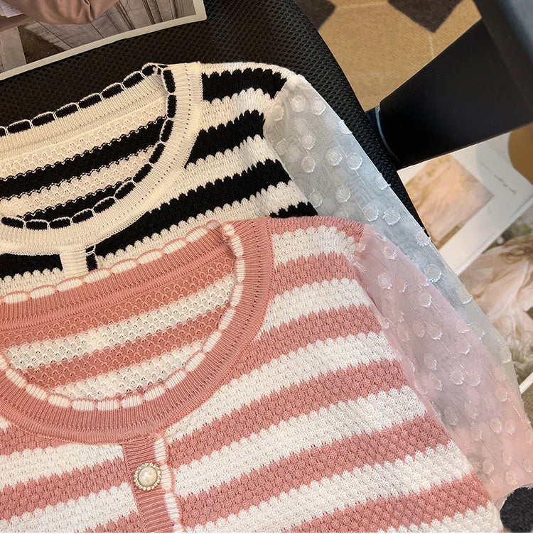 Hnewly  Striped knitted Sweater For Women's Spring Autumn French Elegant Round Neck Long Sleeved Patchwork Chiffon Loose All-Matched Top