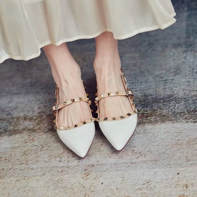 Hnewly Ankle Strap Cut Out D'orsy Studded Rockstud Patent Leather Rivet Flats T-Strap Buckle Walking Soft Women Shoes Travel Size 35-43
