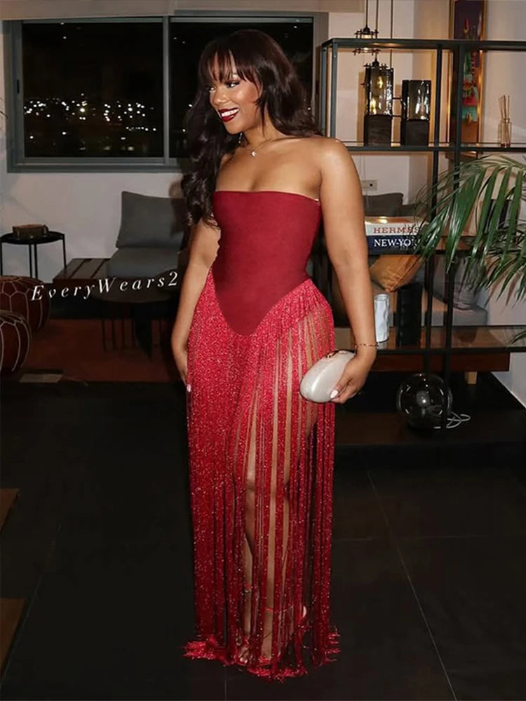 Hnewly  Cutenew Sexy Valentine's Day Bodysuit Women Strapless Patchwork Tassel Beach Vacation Clubwear Midnight Party Tight Body Tops