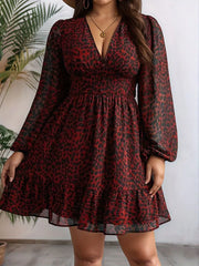 Hnewly  New Sexy V-Neck Leopard Print Long-Sleeve Dress Plus Size Women Clothing American Slim A-Line Skirt Elegant Party Evening Dress