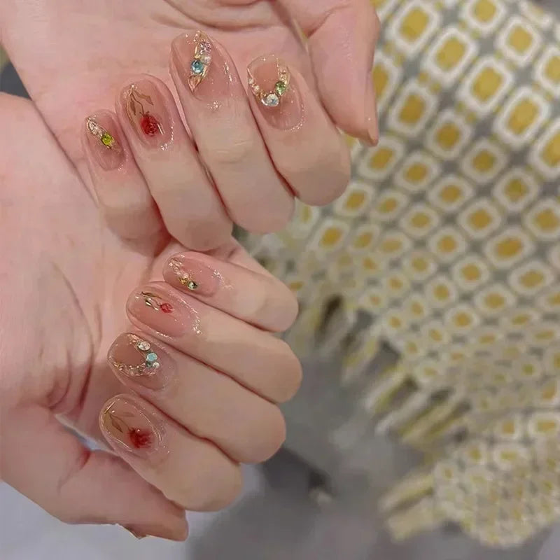 Hnewly 24pcs Detachable Short Press on Nails Y2k rhinestone False Nails with Glue Ballet Sweet Cool Girls Artificial False Nails Tips