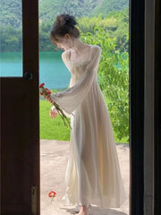 Hnewly  Spring Summer Women Elegant French Square Neck Long Sleeve Maxi Dress A Line Pleated Long Dress Chic Ladies Party Prom Gown