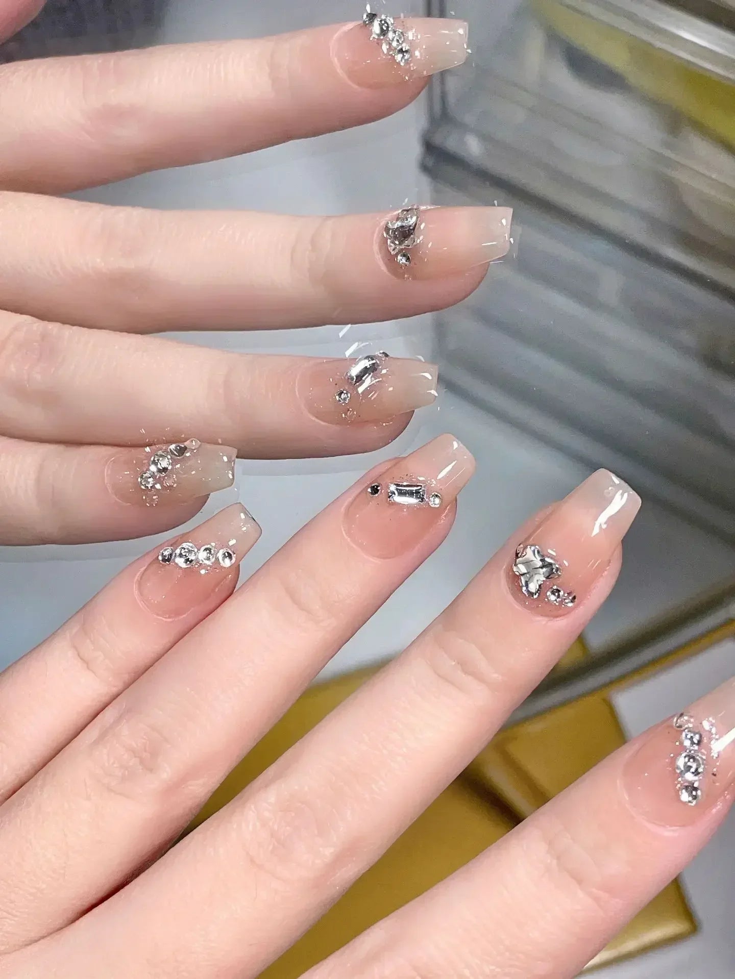 Hnewly 10Pcs Handmade Press on Nails Full Cover Cat Eye Rhinestone Design Nude Color French Ballerina False Nails Manicure Nail Tips
