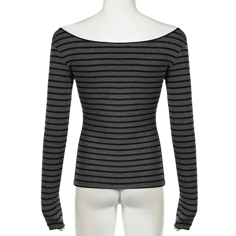 Hnewly Grunge Top y2k Clothes Women Cybercore Striped Off Shoulder Long Sleeve T Shirt 2000s Gothic Clothing Fall Streetwear