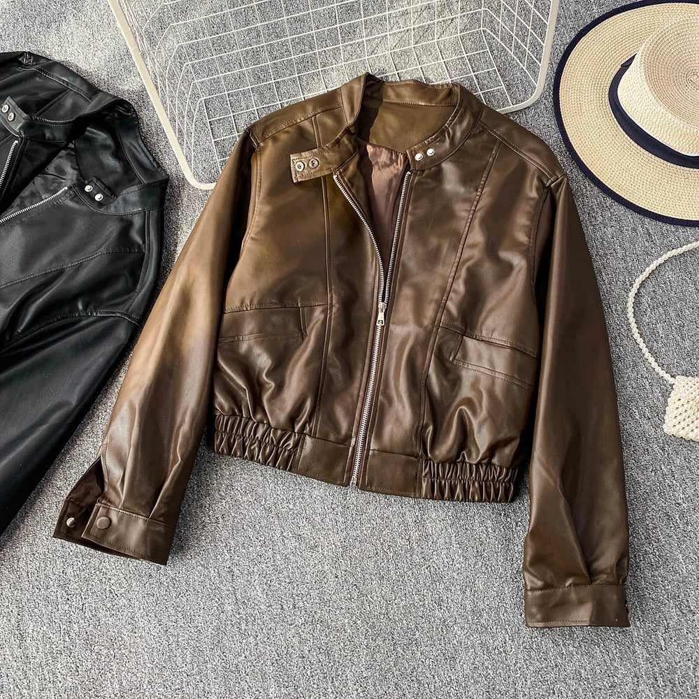 Hnewly  Retro Chic pu Leather Jacket Women's 2025 Spring Autumn Fashion Lapel Versatile Windproof Sweet&Cool BF Style Female Outerwear