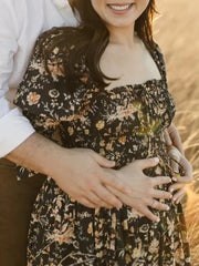 Hnewly  Boho Floral Maternity Dress Photography Backless Half Sleeve Ruffle Maxi Gown for Pregnant Women Gender Reveal Party Outfit