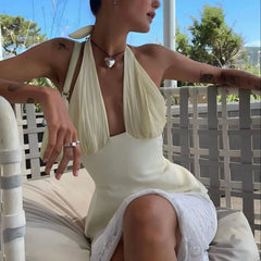 Hnewly  Women Silky Halter Neck Crop Top Sleeveless Crisscross Wrap Tank Top Y2k Summer Slim Fit Backless Cami Top