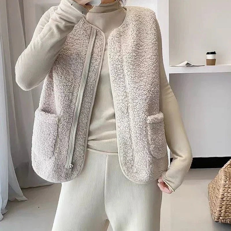 Hnewly casual winter outfits Women Warm Faux Lamb Fur Sleeveless Coat With Pockets Zipper Casual Cardigan traf Jackets Office Coat Vest Winter Autumn