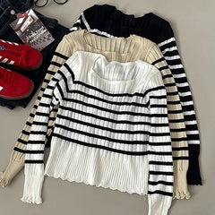 Hnewly  Striped Lace Trim Knitted Sweater 2025 Women's Spring Autumn New Long Sleeve T-Shirt Slim Fit Pullover Base Layer Tops