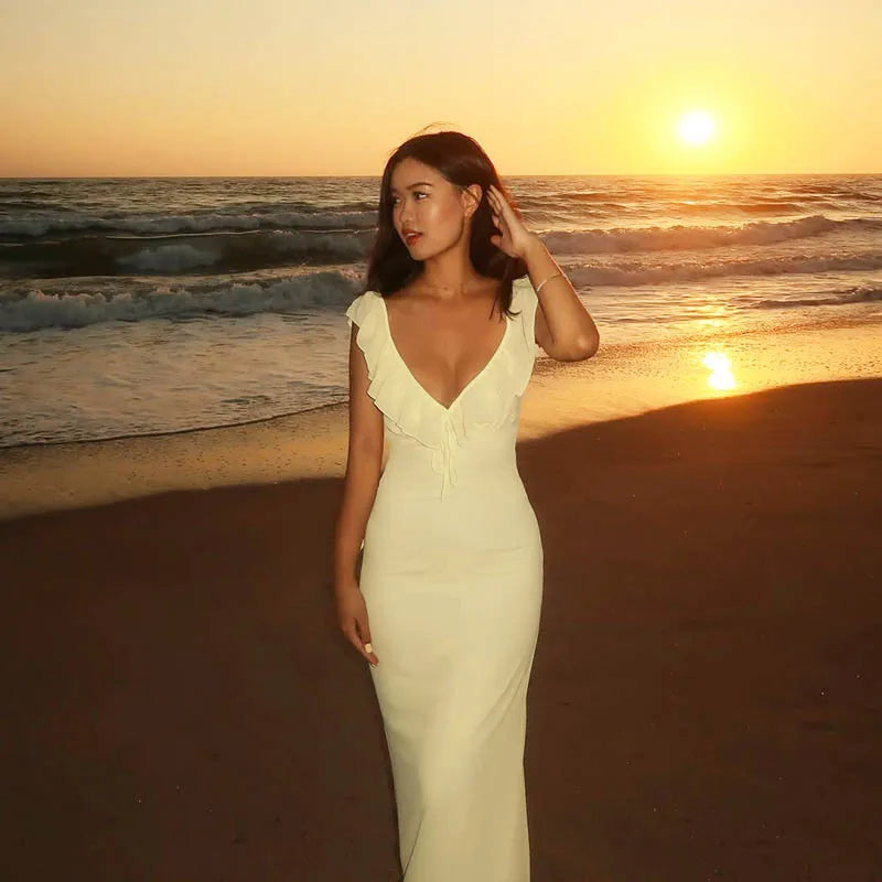 Hnewly Sexy Chic V-Neck Ruffle Trimmed Bodycon Dress with Straps Women's Clothing Summer New Dress Women's Party Dress
