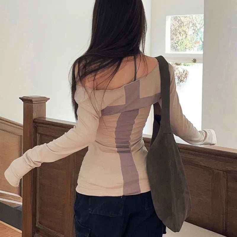 Hnewly y2k Grunge Tops Women Fairycore Clothes Contrast Cross Off Shoulder Long Sleeve T Shirts 2000s Goth Clothing Streetwear