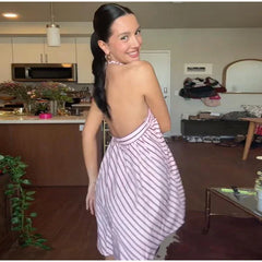 Hnewly  Loose Striped Halter Short Dress Women Chic Lace Up Sleeveless Backless A-line Beach Dresses Summer Lady Holiday Robes