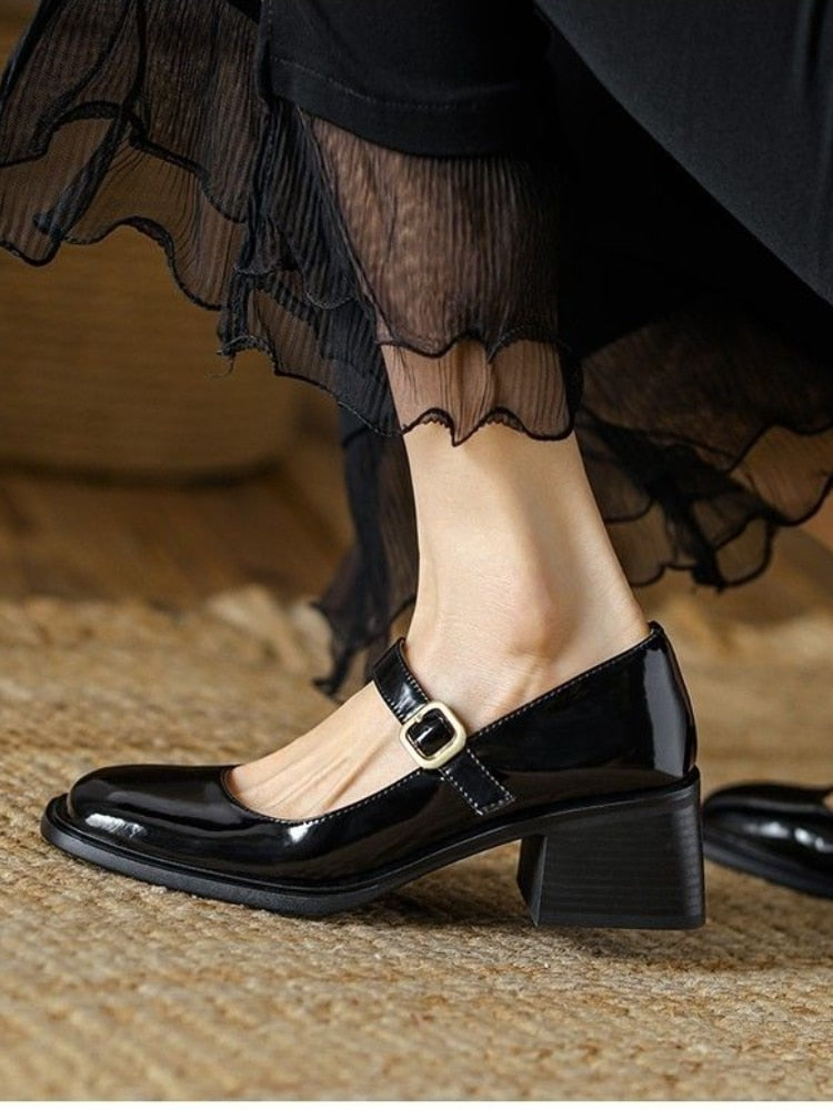 Hnewly Autumn Solid Medium Heels Sandals Office Ladies Buckle Casual Korean Style Pumps Non Slip Soft Elegant Shoes Woman Vintage