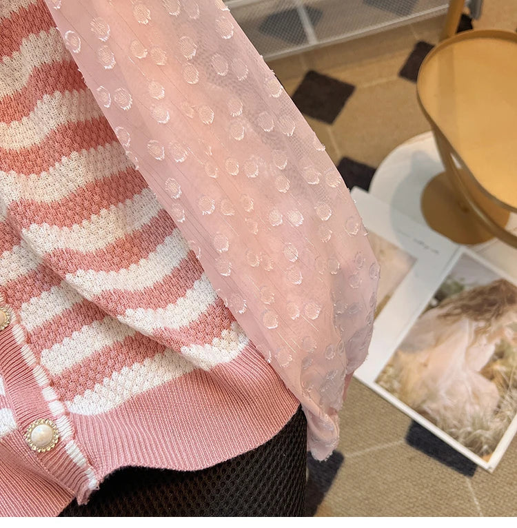 Hnewly  Striped knitted Sweater For Women's Spring Autumn French Elegant Round Neck Long Sleeved Patchwork Chiffon Loose All-Matched Top
