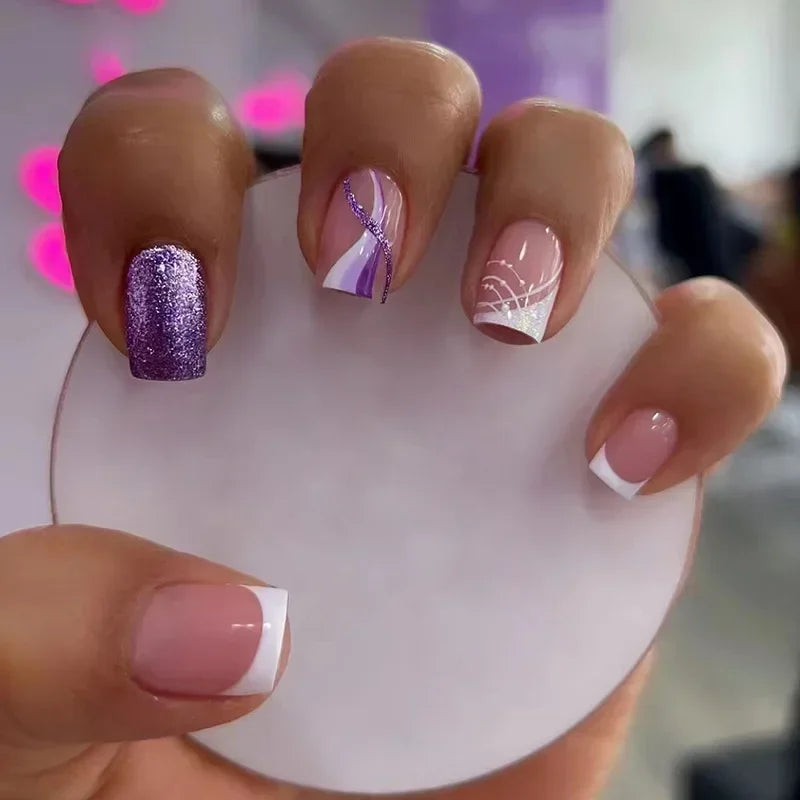 Hnewly 24Pcs Short French Style Fake Nails Art Seamless Removable Wearing Press on Nails Full Cover with Nails Accessories & Tools