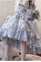 Hnewly  French Sweet Girl Original Lolitajsk Dress Lace Flower Wedding Dress Student Bar Mitzvah Blue Suspender Princess Dresses